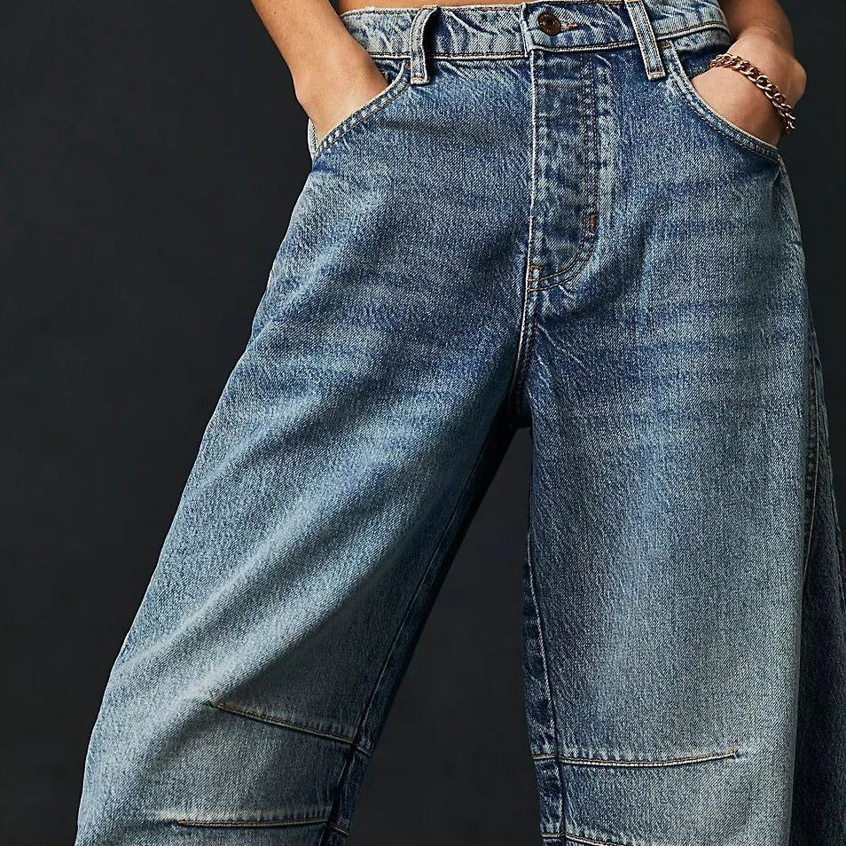 High Stretch Mid-Rise Barrel Jeans Fashion Wide Leg Shape Women Casual ...