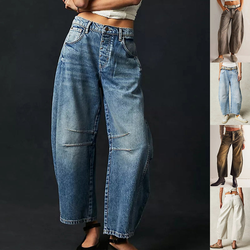 High Stretch Mid-Rise Barrel Jeans Fashion Wide Leg Shape Women Casual ...